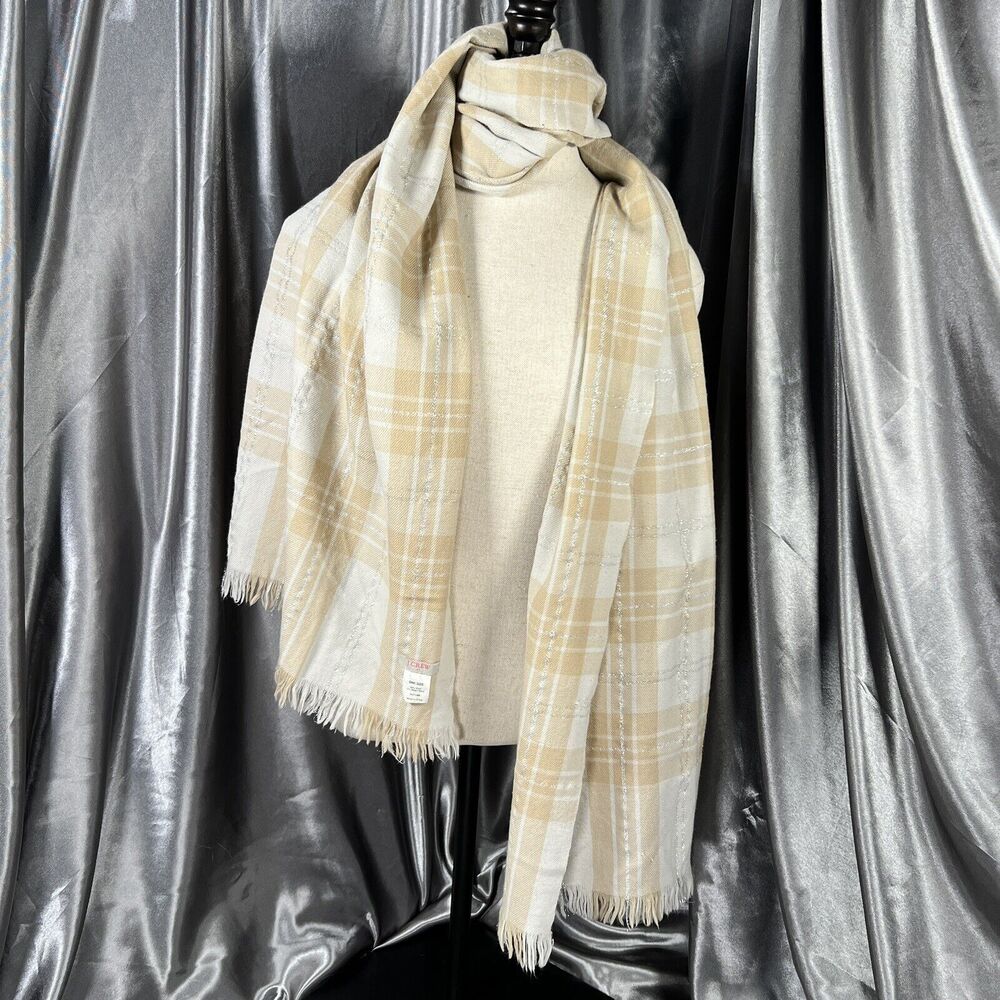 J. Crew Lambswool Plaid Scarf 76" x 20" Preppy Beige Tan‎ Silver Winter Fringe
